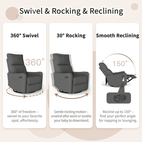 English Elm Manual Swivel Recliner with 360 Rotation Velvet Upholstery Nursery or Living Room Glider Dark Gray W1028P463118