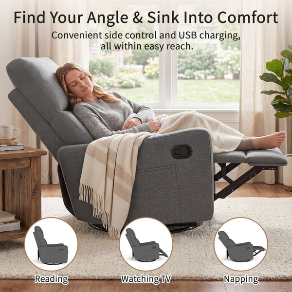 English Elm Manual Swivel Recliner with 360 Rotation Velvet Upholstery Nursery or Living Room Glider Dark Gray W1028P463118
