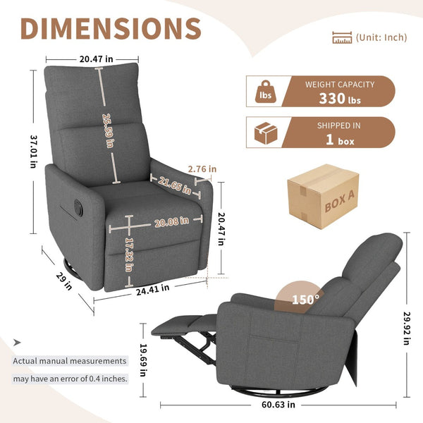 English Elm Manual Swivel Recliner with 360 Rotation Velvet Upholstery Nursery or Living Room Glider Dark Gray W1028P463118