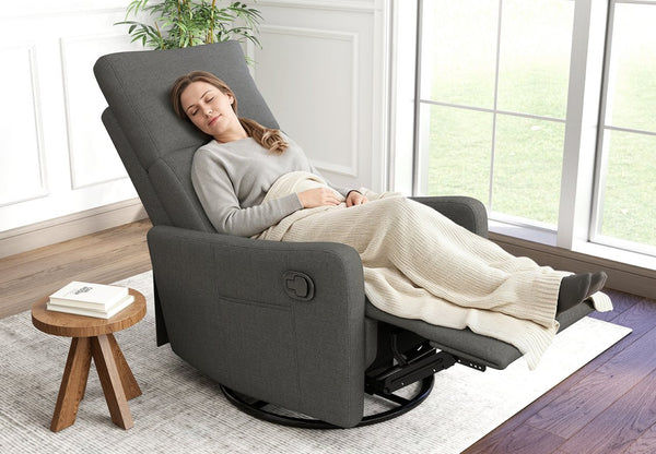 English Elm Manual Swivel Recliner with 360 Rotation Velvet Upholstery Nursery or Living Room Glider Dark Gray W1028P463118