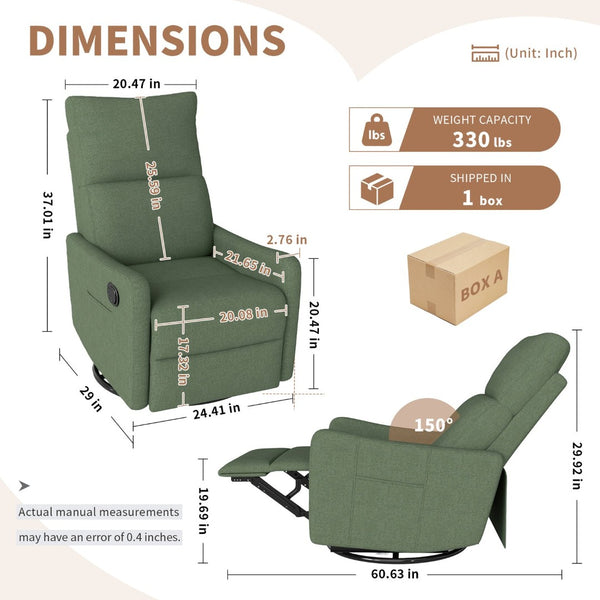 English Elm Manual Swivel Rocker Recliner with Velvet Upholstery for Nursery or Living Room W1028P463157
