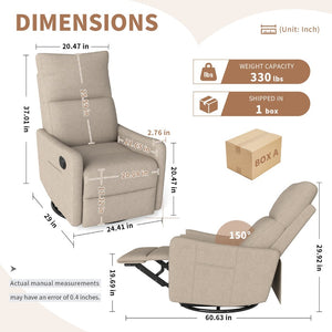 English Elm Manual Swivel Recliner with 360 Rotation Velvet Upholstery Nursery or Living Room Glider Brown W1028P463160