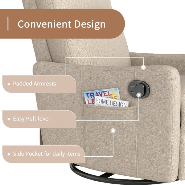 English Elm Manual Swivel Recliner with 360 Rotation Velvet Upholstery Nursery or Living Room Glider Brown W1028P463160