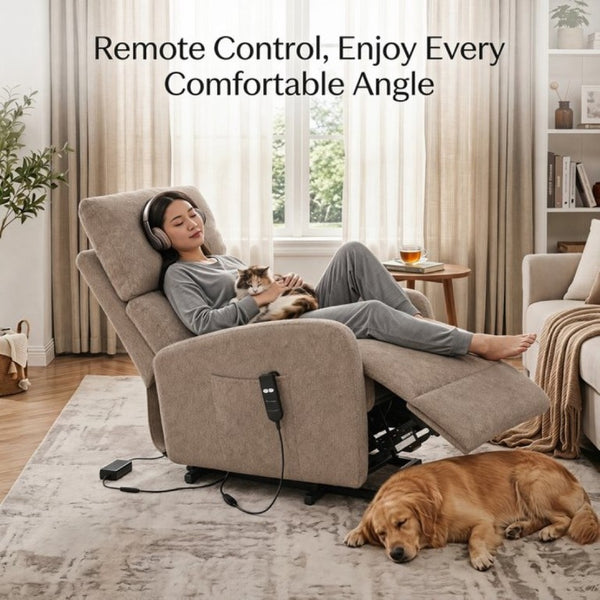 English Elm Power Lift Recliner Chair with Velvet Cushioning and Remote for Senior Living Room Brown W1028P547377
