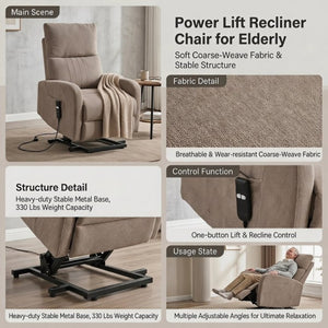 English Elm Power Lift Recliner Chair with Velvet Cushioning and Remote for Senior Living Room Brown W1028P547377