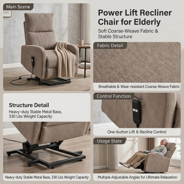 English Elm Power Lift Recliner Chair with Velvet Cushioning and Remote for Senior Living Room Brown W1028P547377