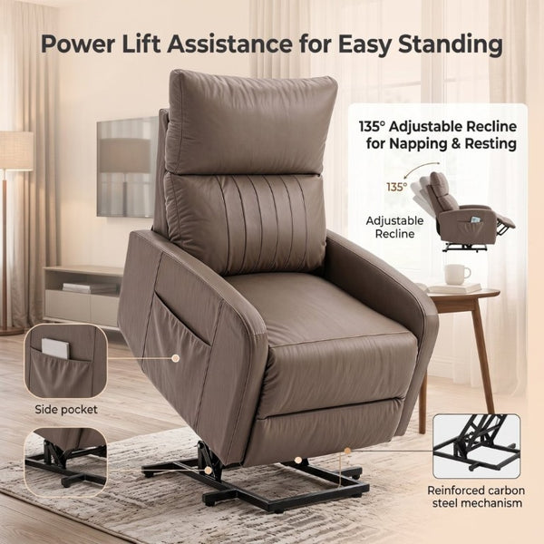 English Elm Power Lift Recliner Chair for Seniors PU Faux Leather with Remote and Side Pocket Brown W1028P547807