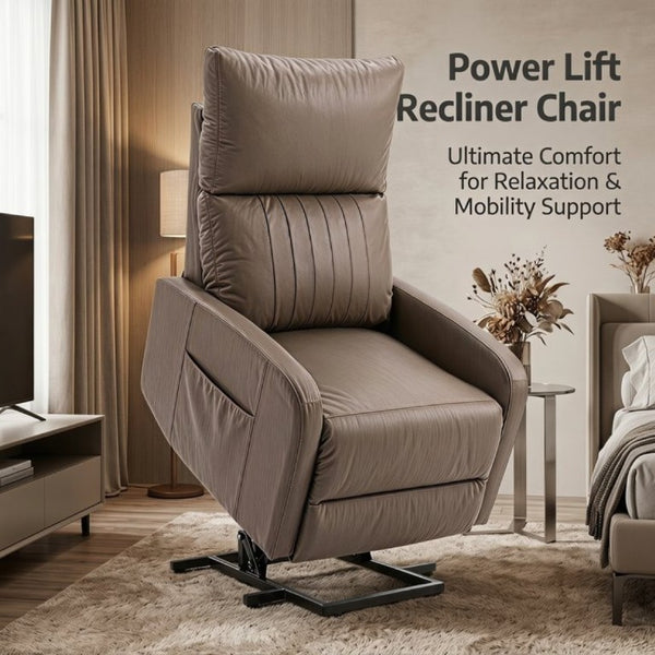 English Elm Power Lift Recliner Chair for Seniors PU Faux Leather with Remote and Side Pocket Brown W1028P547807