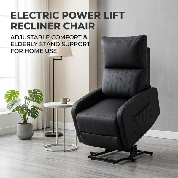 English Elm Power Lift Recliner Chair for Seniors PU Faux Leather with Remote and Side Pocket Black W1028P547812