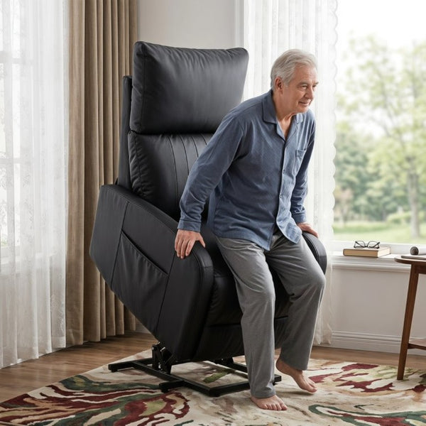 English Elm Power Lift Recliner Chair for Seniors PU Faux Leather with Remote and Side Pocket Black W1028P547812