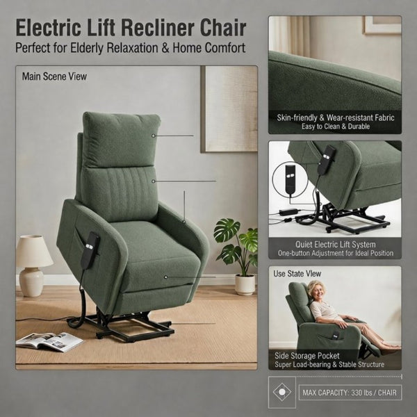 English Elm Power Lift Recliner Chair with Velvet Cushioning and Remote for Senior Living Room Dark Green W1028P551364