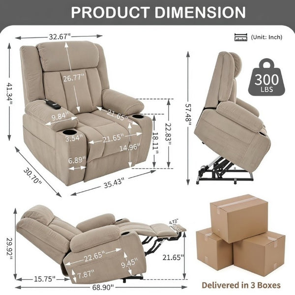 English Elm Power Lift Recliner Velvet Chair with Extended Footrest and Remote for Living Room Brown W1028S00066