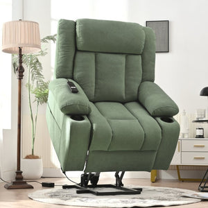 English Elm Power Lift Recliner Velvet Upholstered Chair with Extended Footrest and Cup Holders W1028S00067