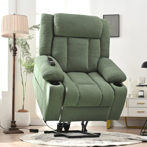 English Elm Power Lift Recliner Velvet Upholstered Chair with Extended Footrest and Cup Holders W1028S00067
