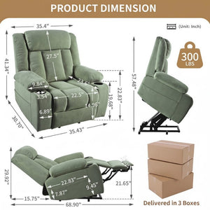 English Elm Power Lift Recliner Velvet Upholstered Chair with Extended Footrest and Cup Holders W1028S00067