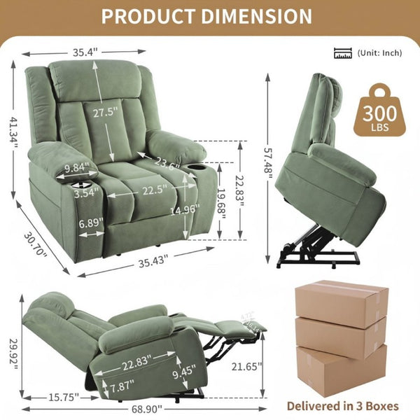 English Elm Power Lift Recliner Velvet Upholstered Chair with Extended Footrest and Cup Holders W1028S00067