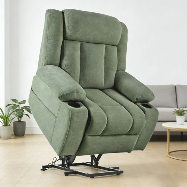 English Elm Power Lift Recliner Velvet Upholstered Chair with Extended Footrest and Cup Holders W1028S00067