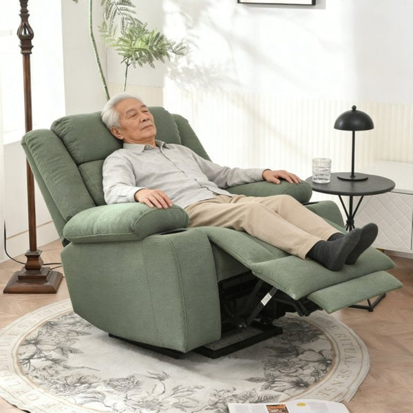 English Elm Power Lift Recliner Velvet Upholstered Chair with Extended Footrest and Cup Holders W1028S00067