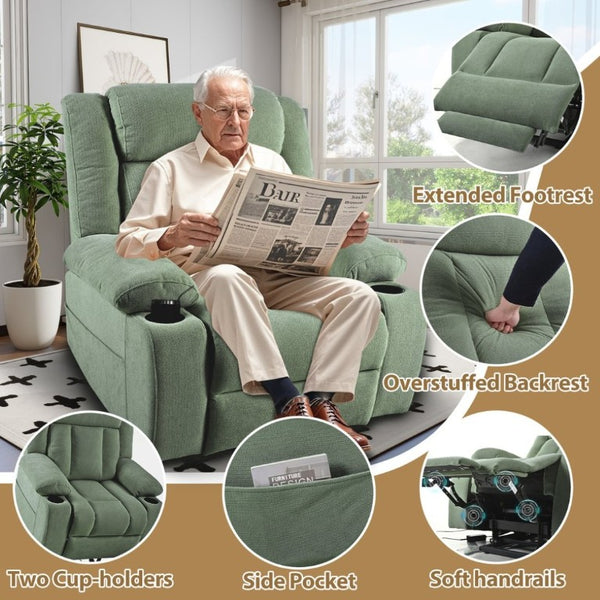 English Elm Power Lift Recliner Velvet Upholstered Chair with Extended Footrest and Cup Holders W1028S00067