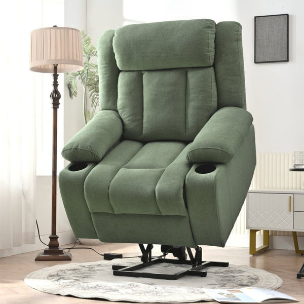 English Elm Power Lift Recliner Velvet Upholstered Chair with Extended Footrest and Cup Holders W1028S00067