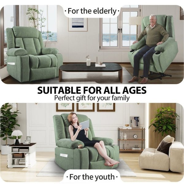 English Elm Power Lift Recliner Velvet Upholstered Chair with Extended Footrest and Cup Holders W1028S00067
