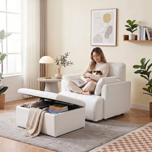 English Elm Oversized Accent Chair with Storage Ottoman Fleece Upholstered Mid-Century Living Room Seat W1028S00068