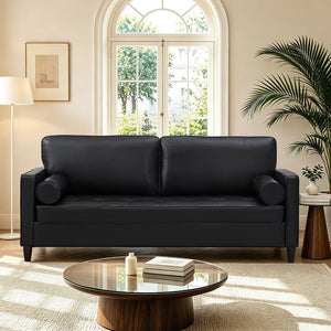 English Elm Classic Tufted Faux Leather Three-seat Sofa with Pocket Spring Cushions for Living Room Black W1097P491223