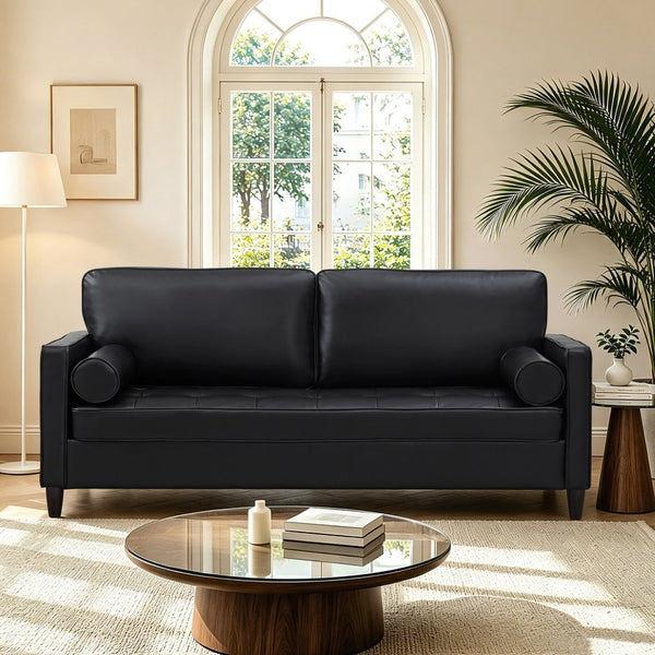 English Elm Classic Tufted Faux Leather Three-seat Sofa with Pocket Spring Cushions for Living Room Black W1097P491223