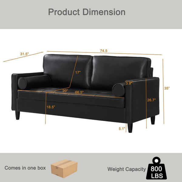 English Elm Classic Tufted Faux Leather Three-seat Sofa with Pocket Spring Cushions for Living Room Black W1097P491223