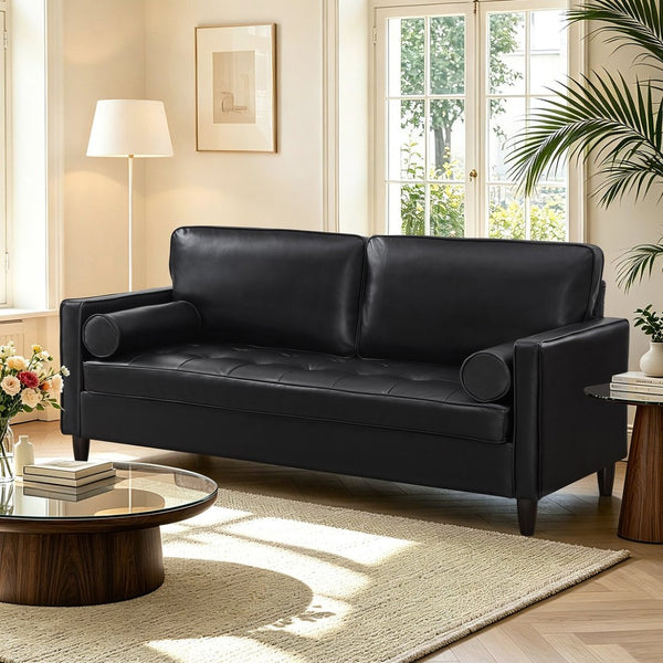 English Elm Classic Tufted Faux Leather Three-seat Sofa with Pocket Spring Cushions for Living Room Black W1097P491223