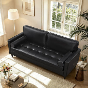 English Elm Classic Tufted Faux Leather Three-seat Sofa with Pocket Spring Cushions for Living Room Black W1097P491223