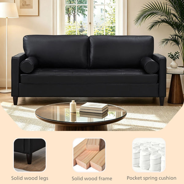 English Elm Classic Tufted Faux Leather Three-seat Sofa with Pocket Spring Cushions for Living Room Black W1097P491223