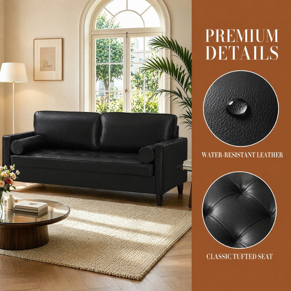 English Elm Classic Tufted Faux Leather Three-seat Sofa with Pocket Spring Cushions for Living Room Black W1097P491223