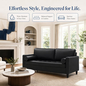 English Elm Classic Tufted Faux Leather Three-seat Sofa with Pocket Spring Cushions for Living Room Black W1097P491223
