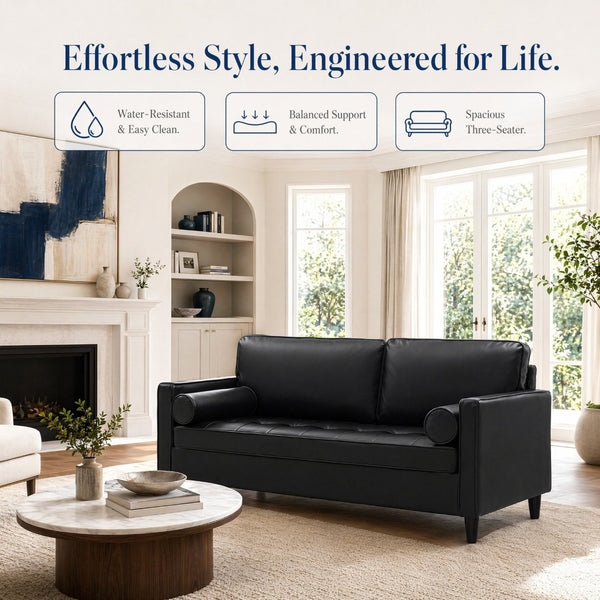 English Elm Classic Tufted Faux Leather Three-seat Sofa with Pocket Spring Cushions for Living Room Black W1097P491223