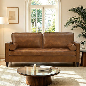 English Elm Classic Tufted Faux Leather Three-seat Sofa with Pocket Spring Cushions for Living Room Brown W1097P491224