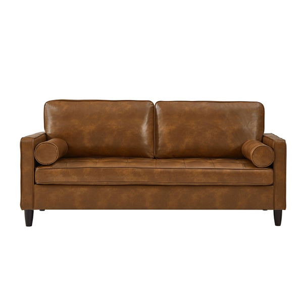 English Elm Classic Tufted Faux Leather Three-seat Sofa with Pocket Spring Cushions for Living Room Brown W1097P491224