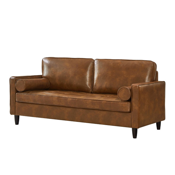 English Elm Classic Tufted Faux Leather Three-seat Sofa with Pocket Spring Cushions for Living Room Brown W1097P491224