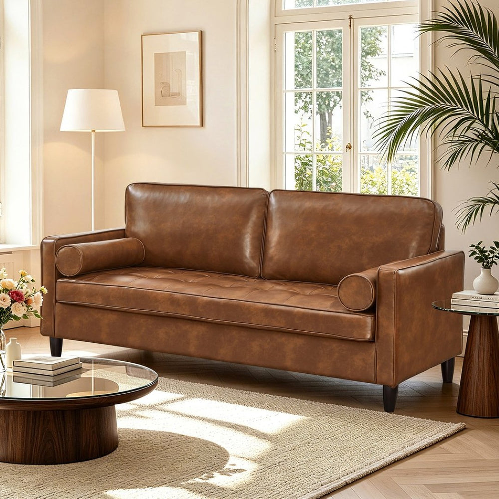 English Elm Classic Tufted Faux Leather Three-seat Sofa with Pocket Spring Cushions for Living Room Brown W1097P491224