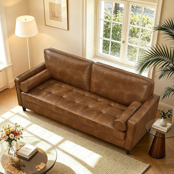 English Elm Classic Tufted Faux Leather Three-seat Sofa with Pocket Spring Cushions for Living Room Brown W1097P491224