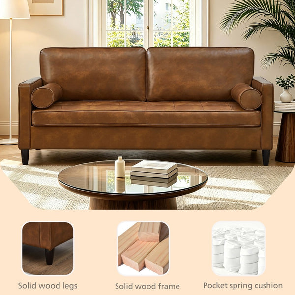 English Elm Classic Tufted Faux Leather Three-seat Sofa with Pocket Spring Cushions for Living Room Brown W1097P491224
