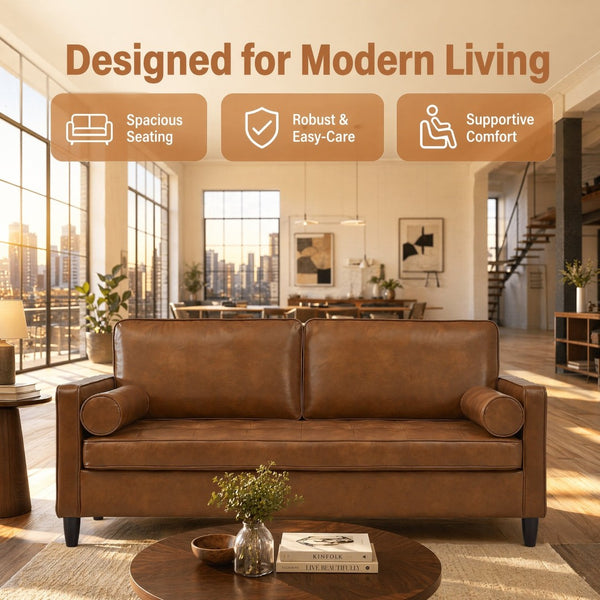 English Elm Classic Tufted Faux Leather Three-seat Sofa with Pocket Spring Cushions for Living Room Brown W1097P491224