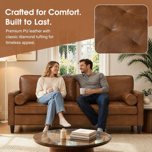 English Elm Classic Tufted Faux Leather Three-seat Sofa with Pocket Spring Cushions for Living Room Brown W1097P491224