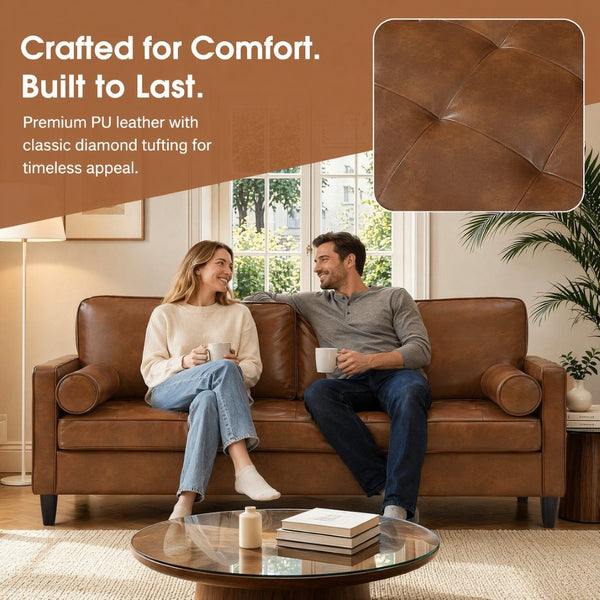 English Elm Classic Tufted Faux Leather Three-seat Sofa with Pocket Spring Cushions for Living Room Brown W1097P491224
