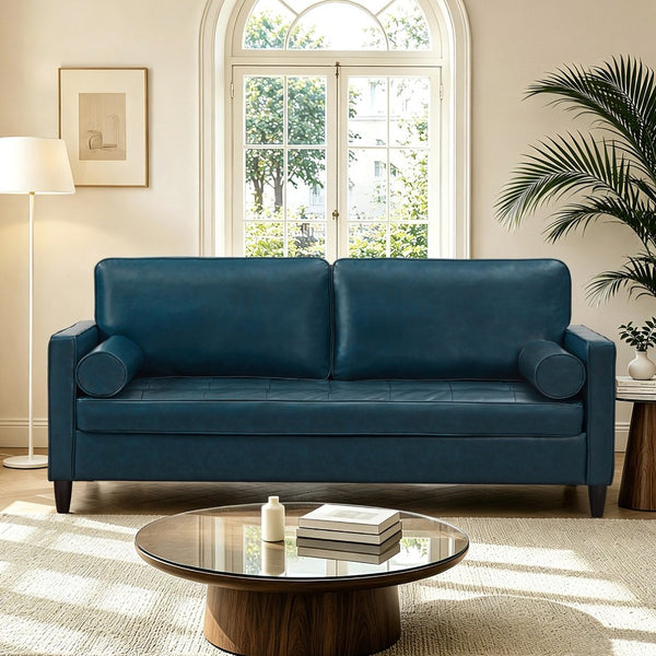 English Elm Classic Tufted Faux Leather Three-seat Sofa with Pocket Spring Cushions for Living Room Navy Blue W1097P491225