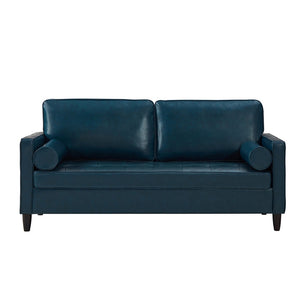 English Elm Classic Tufted Faux Leather Three-seat Sofa with Pocket Spring Cushions for Living Room Navy Blue W1097P491225