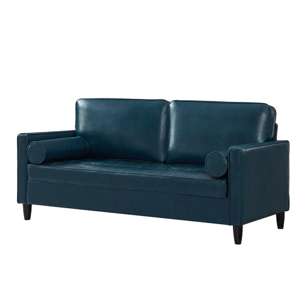 English Elm Classic Tufted Faux Leather Three-seat Sofa with Pocket Spring Cushions for Living Room Navy Blue W1097P491225