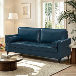 English Elm Classic Tufted Faux Leather Three-seat Sofa with Pocket Spring Cushions for Living Room Navy Blue W1097P491225