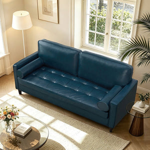 English Elm Classic Tufted Faux Leather Three-seat Sofa with Pocket Spring Cushions for Living Room Navy Blue W1097P491225