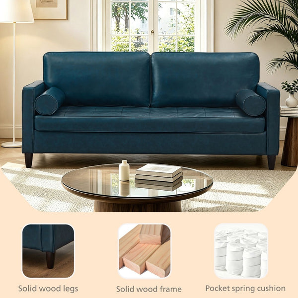 English Elm Classic Tufted Faux Leather Three-seat Sofa with Pocket Spring Cushions for Living Room Navy Blue W1097P491225